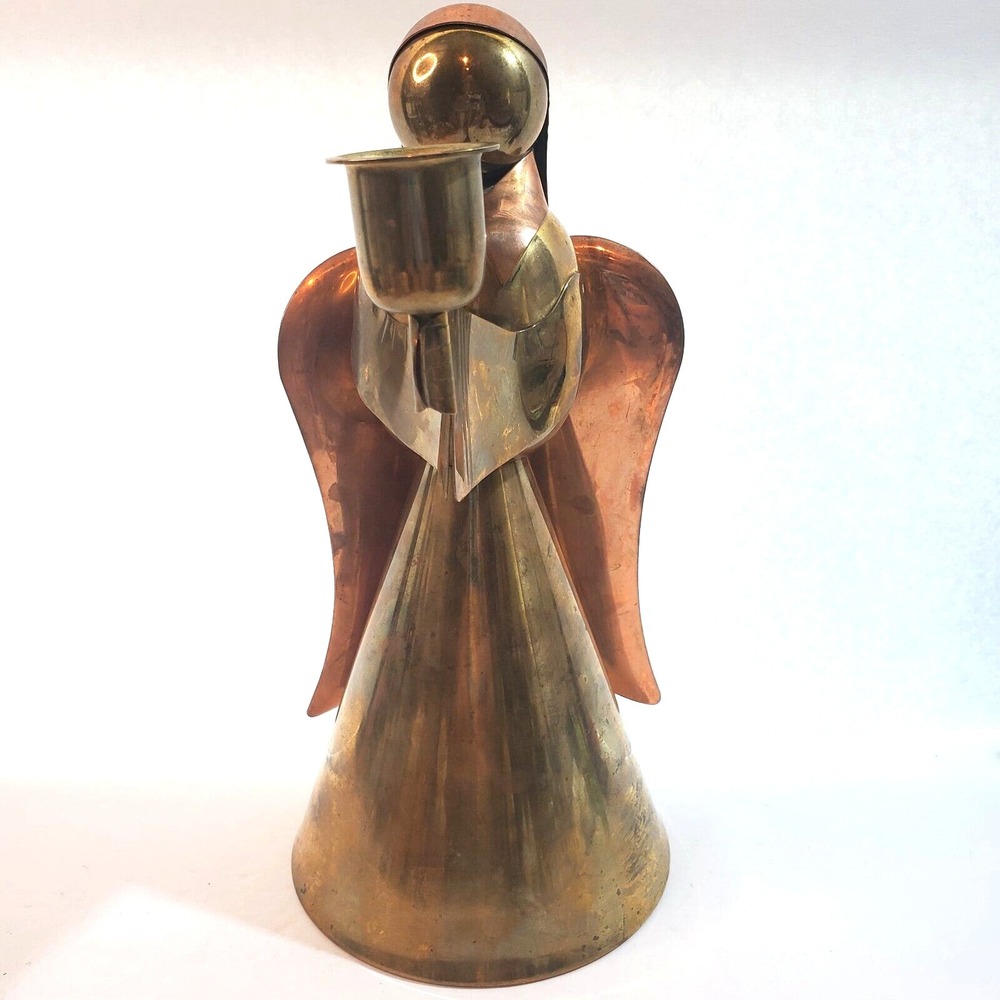 Vintage 9.5" Brass & Copper Metal Christmas Cone Angel Taper Candle Stick Holder